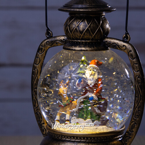 Новогодний фонарик - снежный шар Санта с оленем 25 см, LED подсветка, на батарейках Peha