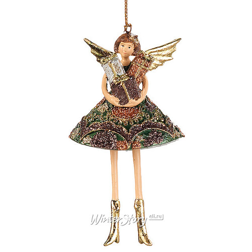Елочное украшение "Ангел в вечернем платье с подарками" с узором, 11 см, подвеска Goodwill