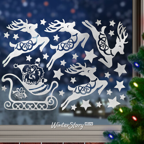 Новогодние наклейки Веселый Санта с оленями 40*30 см, светящиеся в темноте Peha