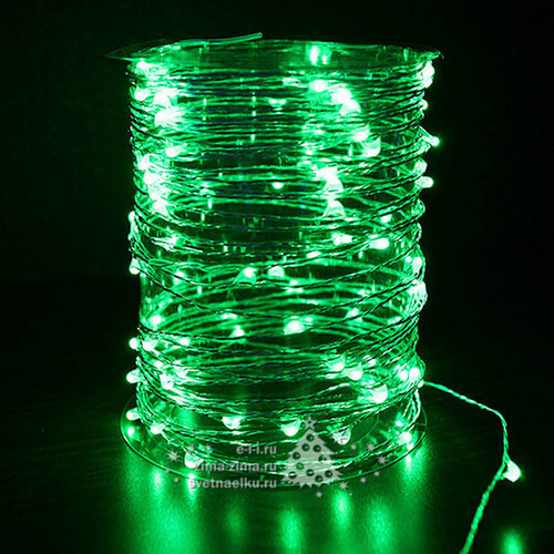 Светодиодная гирлянда на проволоке Роса 100 зеленых MINILED ламп 10 м, серебряная проволока BEAUTY LED