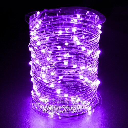 Светодиодная гирлянда на проволоке Роса 100 фиолетовых MINILED ламп 10 м, серебряная проволока BEAUTY LED