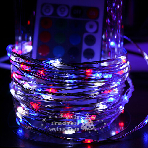 Светодиодная гирлянда на проволоке Роса Триколор 100 бело-синих-красных MINILED ламп, 5 м, серебряная проволока, контроллер BEAUTY LED