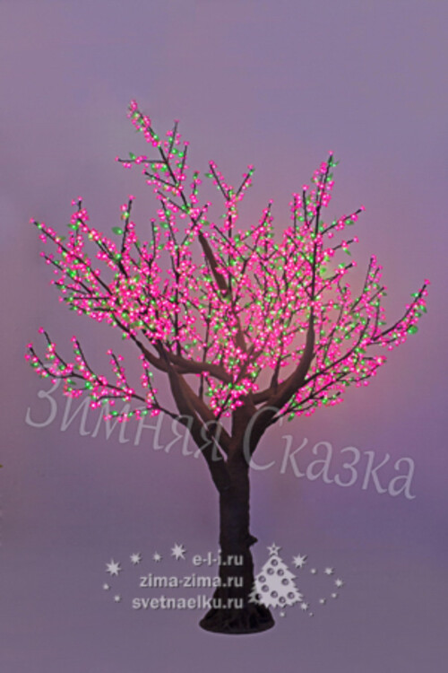 Светодиодное дерево "Сакура с листьями" с "натуральным" стволом, 250 см, уличное, 864 LED, розовые цветы с зелеными листьями BEAUTY LED