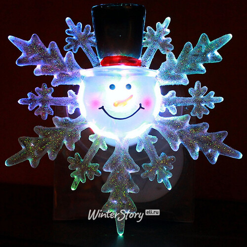 Светящееся украшение на присоске Снежинка - Снеговик 10 см, RGB на батарейке Snowhouse