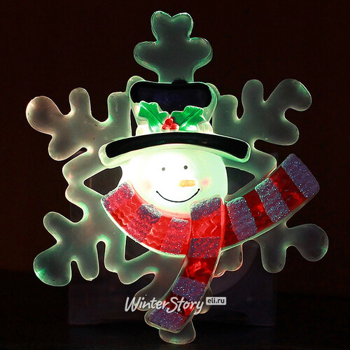 Светящееся украшение на присоске Снежинка - Снеговик в шарфе 9 см, RGB на батарейке Snowhouse