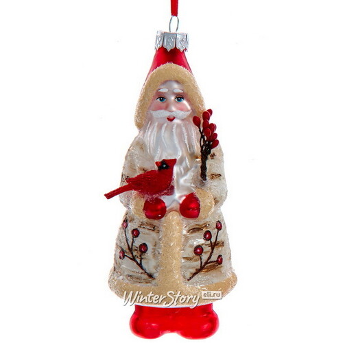 Стеклянная елочная игрушка Лесной Санта с птичкой 13 см, подвеска Kurts Adler