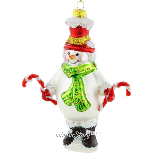 Елочная игрушка Снеговик с Карамельными Палочками 16 см, стекло, подвеска Forest Market