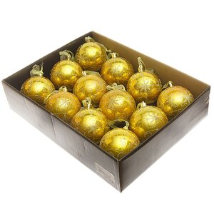 Набор пластиковых шаров Французское Кружево 8 см золотой, 12 шт Kaemingk фото 1