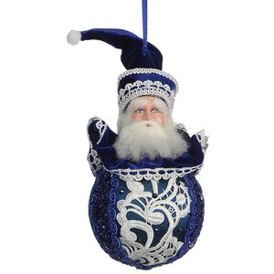 Елочное украшение Лазурный Санта в синем бархатном камзоле с кружевами 20 см, подвеска Katherine’s Collection фото 1