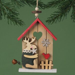 Деревянная елочная игрушка Праздничный домик Оленя с птичкой 15 см, подвеска Breitner фото 1