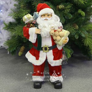 Санта в красном кафтане с медвежонком и мешком подарков 60 см Eggl фото 1