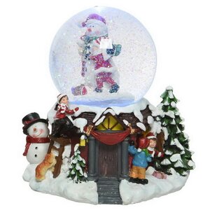 Снежный шар Christmas Fun: Снеговик и дети 21 см, с подсветкой, музыкой и движением, на батарейках, уцененный Kaemingk фото 1