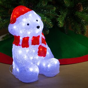 Медведь белый в красном колпаке и шарфе светящийся, 40 см, 80 LED ламп, IP44 Kaemingk фото 1