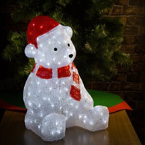Медведь белый в красном колпаке и шарфе светящийся, 57 см, уличный, акрил, 200 холодных белых LED ламп Kaemingk фото 1