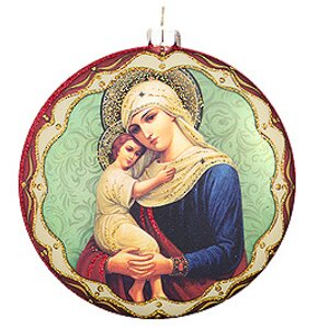 Елочное украшение Медальон Образ Божией Матери 10 см красный ободок стекло подвеска Holiday Classics фото 1