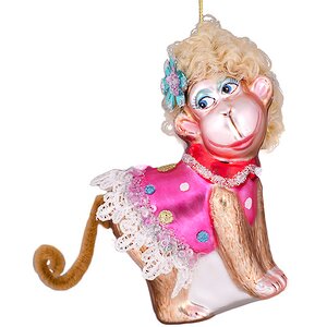 Елочная игрушка Обезьяна в Розовом Платье с Кружевной Юбкой 12*10*5 см, стекло, подвеска Holiday Classics фото 1