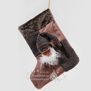 Носок Санта в колпаке коричнево-серый 40 см Kaemingk фото 1