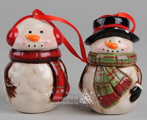 Украшение "Снеговик в наушниках/в шляпе", керамика, 7,5см, подвеска Kaemingk фото 1