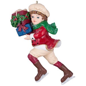 Елочная игрушка Мальчик на Коньках с Синим Подарком 12 см, подвеска Holiday Classics фото 1