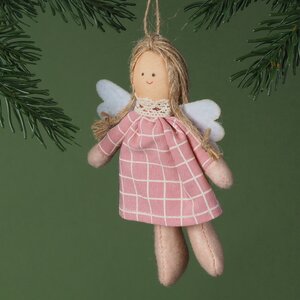 Ёлочная игрушка Ангел Юми в розовом клетчатом платьице 13 см, подвеска Breitner фото 1