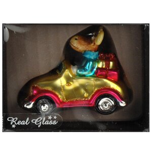 Стеклянная елочная игрушка Лось на Машинке 13*10*6 см желтый, подвеска Koopman фото 1