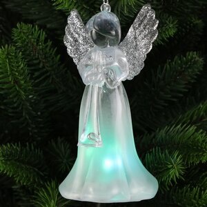 Светящаяся елочная игрушка Ангел Иоганно с серебристыми крыльями 12 см на батарейке, RGB LED подсветка, подвеска Koopman фото 1
