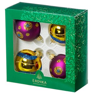 Набор стеклянных елочных шаров Фейерверк 6 см, 4 шт, фиолетовый с золотым Фабрика Елочка фото 2