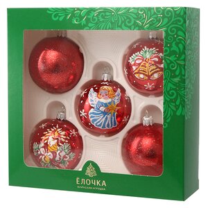 Набор стеклянных елочных шаров Рождественский 6 см, 5 шт, красный Фабрика Елочка фото 2