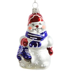 Стеклянная елочная игрушка Снеговик в синем шарфе 8 см, подвеска Фабрика Елочка фото 1