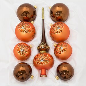 Набор стеклянных елочных шаров с верхушкой Грезы, оранжевый с коричневым Фабрика Елочка фото 1