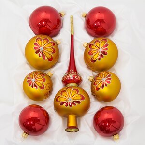 Набор стеклянных елочных шаров с верхушкой Грезы, золотой с красным Фабрика Елочка фото 1