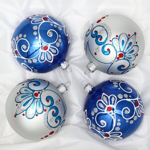 Набор стеклянных елочных шаров Кокошник 8 см, 4 шт серебряный с синим Фабрика Елочка фото 1