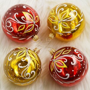 Набор стеклянных елочных шаров Флора 7 см, 4 шт, золотой с красным Фабрика Елочка фото 1