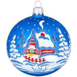 Стеклянный елочный шар Зимовье 8 см синий Фабрика Елочка фото 1
