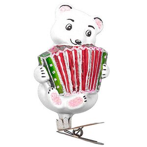 Стеклянная елочная игрушка Мишка с Гармошкой 8 см белый, клипса Фабрика Елочка фото 1