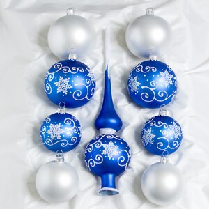 Набор стеклянных елочных шаров с верхушкой Сувенирный белый с синим Фабрика Елочка фото 1