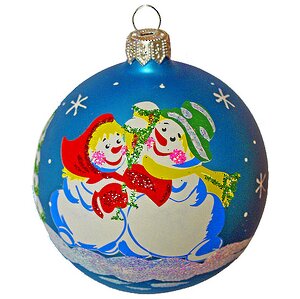 Стеклянный елочный шар Снеговички 8 см голубой Фабрика Елочка фото 1