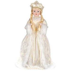 Снегурочка в бело-золотой шубе кокошнике и платье с шифоновым воротничком 45 см Holiday Classics фото 1