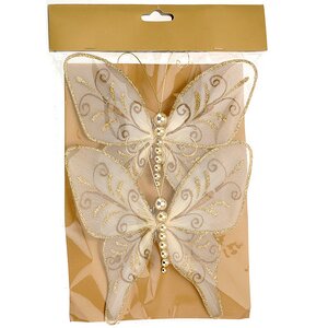 Елочное украшение "Бабочка с блестками и бусинками", 15*17 см, 2 шт, золото, клипса Koopman фото 1