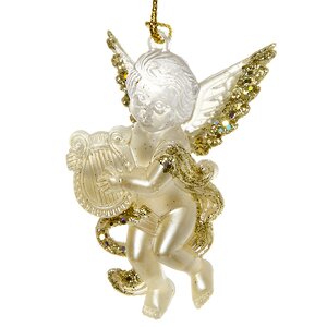 Елочное украшение Ангелочек-Музыкант 10*5 см жемчужный с золотым, подвеска Holiday Classics фото 3