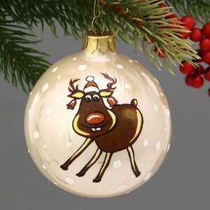 Стеклянный елочный шар Рождественский олень Вилли 8 см кремовый Коломеев фото 1