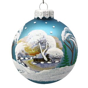 Стеклянный елочный шар Зимняя дорога 8 см бирюзовый Коломеев фото 1