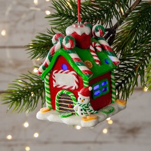 Елочное украшение "Пряничный домик со Снеговиком" красный, с подсветкой, 6*6*9 см, подвеска Forest Market фото 1