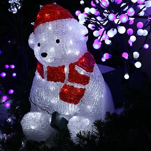 Медведь в красном колпачке и шарфе светящийся, 28 см, уличный, акрил, 30 холодных белых LED ламп, IP 44 Kaemingk фото 1