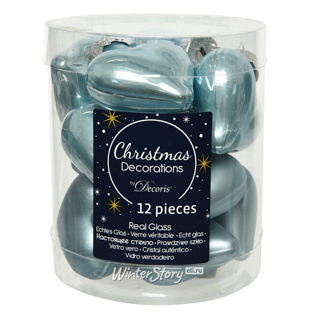 Набор стеклянных елочных игрушек Сердце Монплезира 4.5 см misty blue mix, 12 шт Kaemingk
