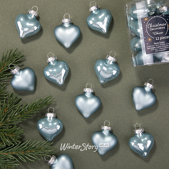 Набор стеклянных елочных игрушек Сердце Монплезира 4.5 см misty blue mix, 12 шт Kaemingk