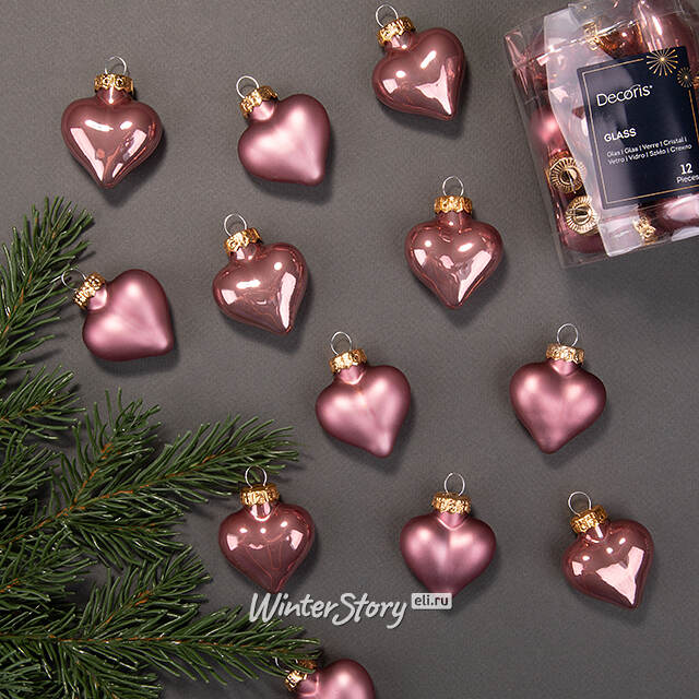 Набор стеклянных елочных игрушек Сердце Монплезира 4.5 см розовый бархат mix, 12 шт Kaemingk