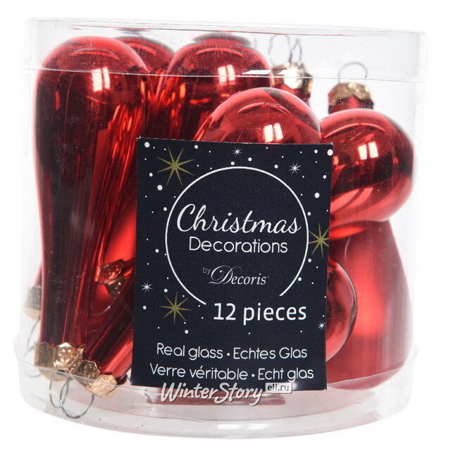 Набор елочных игрушек Капля 7.5 см красный mix, 12 шт, стекло Winter Deco