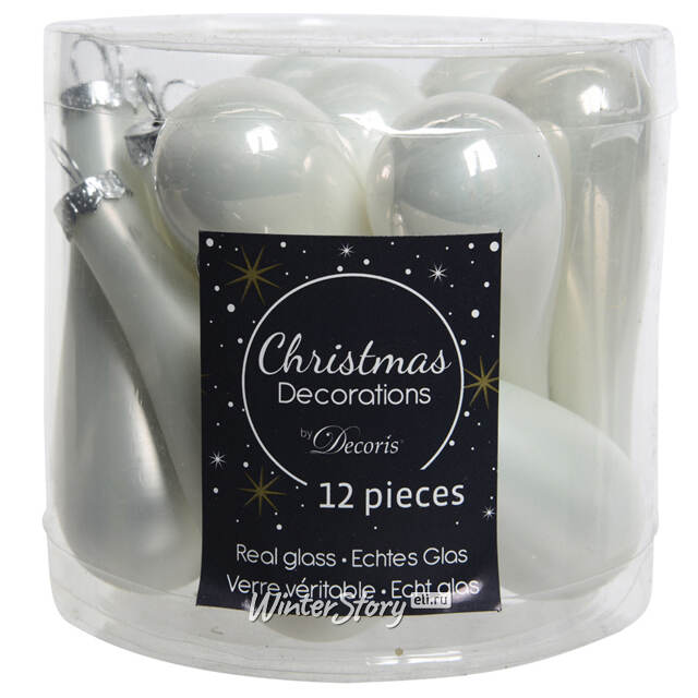 Набор елочных игрушек Капля 7.5 см белый mix, 12 шт, стекло Kaemingk