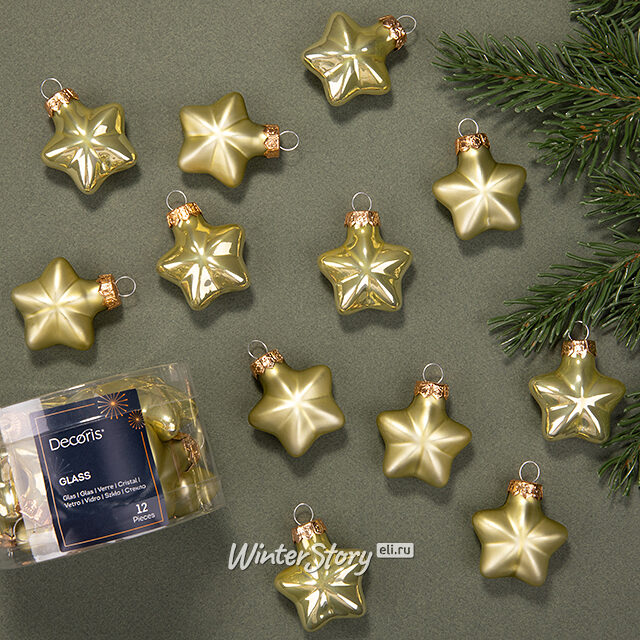 Набор стеклянных елочных игрушек Звезды 4.5 см нежно-оливковый mix, 12 шт Kaemingk